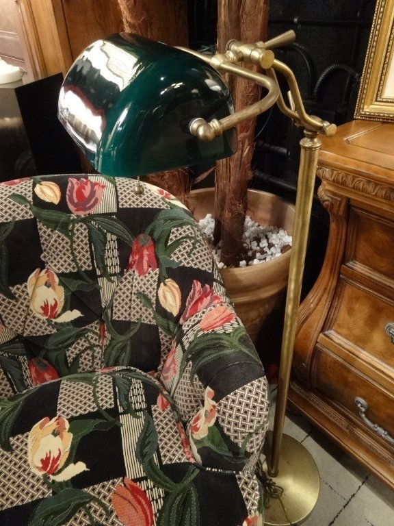 VINTAGE BRASS FLOOR LAMP, GREEN GLASS SHADE, APPROX (1 of 3)