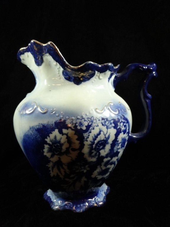 LARGE FLOW BLUE PITCHER, MARKED T R & COX, ENGLAND, (1 of 7)