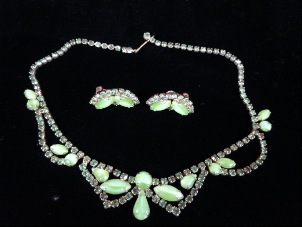 2 PC MID CENTURY GREEN MILK GLASS & RHINESTONE COSTUME (1 of 4)
