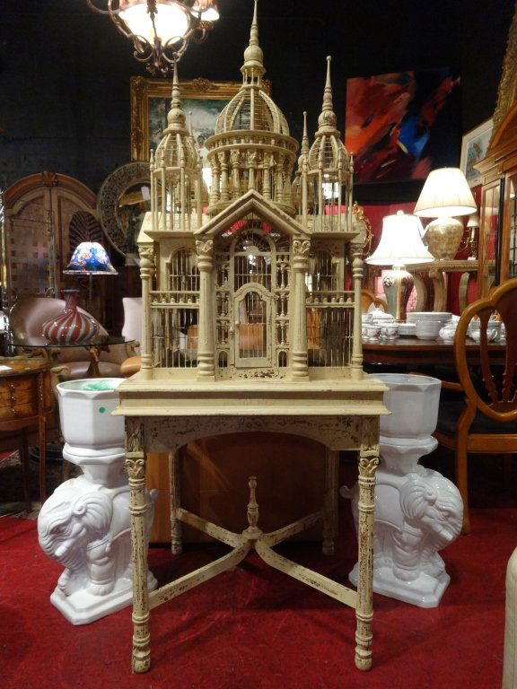 LARGE CARVED WOOD BIRDCAGE ON STAND, 2 PC, WITH DOME (1 of 7)