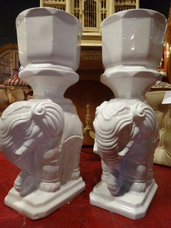 PAIR WHITE CERAMIC ELEPHANT PEDESTALS WITH PLANTERS, (1 of 5)