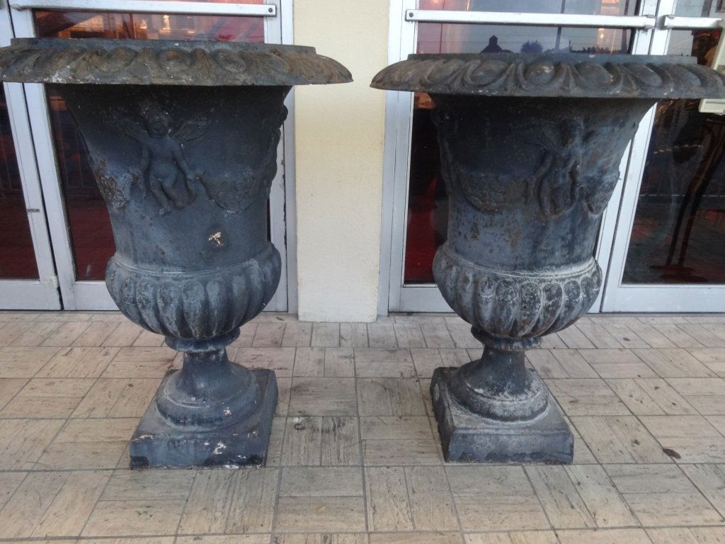 PAIR LARGE CAST IRON URNS/PLANTERS, WITH BAS RELIEF (1 of 7)