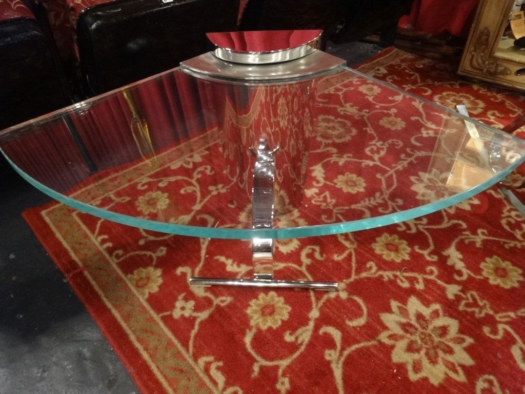 MODERN DESIGN CHROME SIDE TABLE, CANTILEVER GLASS TOP, (1 of 5)