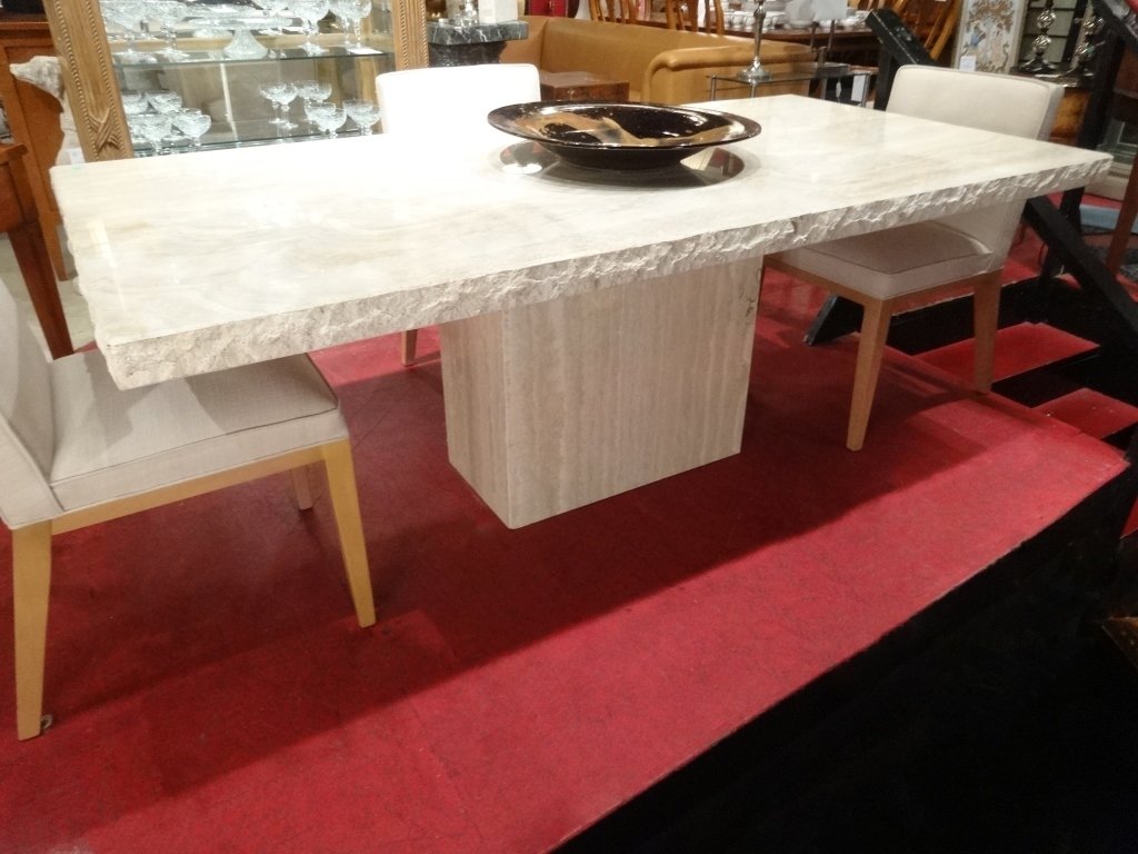 ITALIAN TRAVERTINE MARBLE DINING TABLE, RECTANGULAR PED (1 of 6)