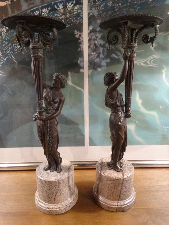 PAIR FIGURAL BRONZE AND MARBLE CANDLESTICKS, WOMEN (1 of 7)