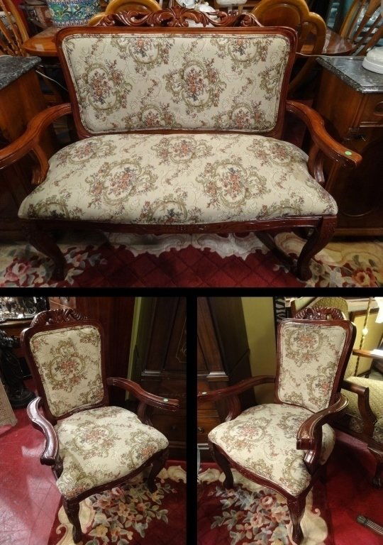 3 PC PARLOR SET, LOVESEAT AND PAIR ARMCHAIRS, CARVED (1 of 6)