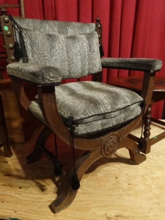 SAVONAROLA STYLE WOOD ARMCHAIR, GRAY UPHOLSTERED (1 of 4)