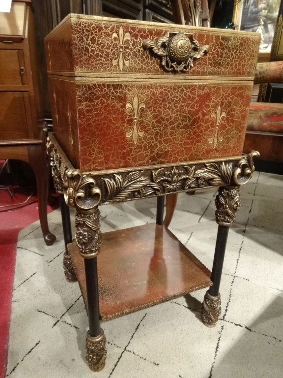 ORNATE FAUX LEATHER CHEST ON STAND, WITH GOLD FLEUR DE (1 of 6)