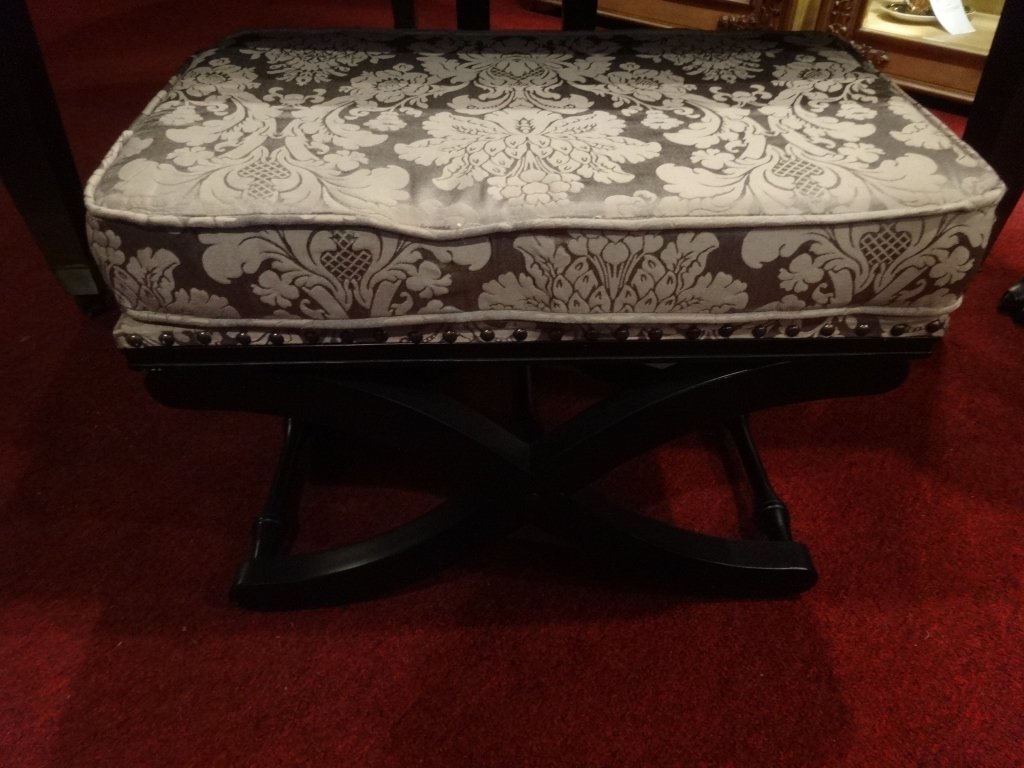 WOOD X BASE STOOL, DARK FINISH, TAUPE AND WHITE: WOOD X BASE STOOL, DARK FINISH, TAUPE AND WHITE UPHOLSTERED SEAT WITH FOLIATE PRINT