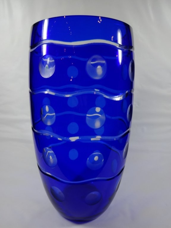 COBALT CUT TO CLEAR CRYSTAL VASE, APPROX 11.5"H (1 of 5)