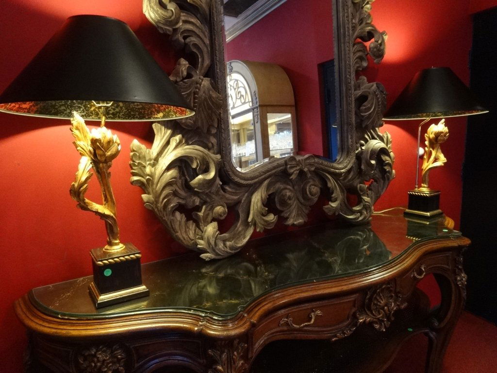 PAIR GOLD FINISH TABLE LAMPS, BLACK BASES, BLACK (1 of 8)