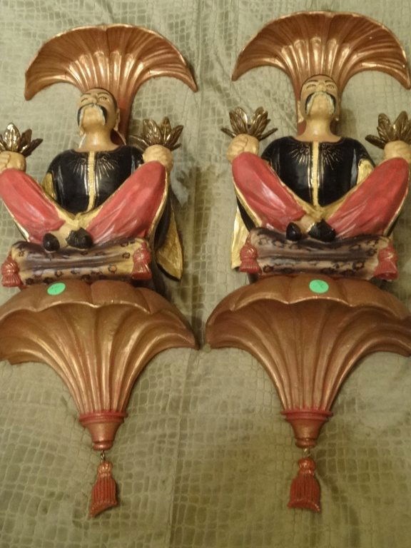 PAIR CHINOISERIE WALL PLACQUES, SEATED FIGURES, PAINTED (1 of 6)