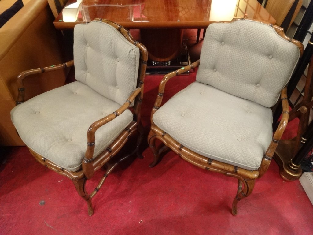 PAIR HOLLYWOOD REGENCY FAUX BAMBOO ARMCHAIRS, CANE (1 of 7)