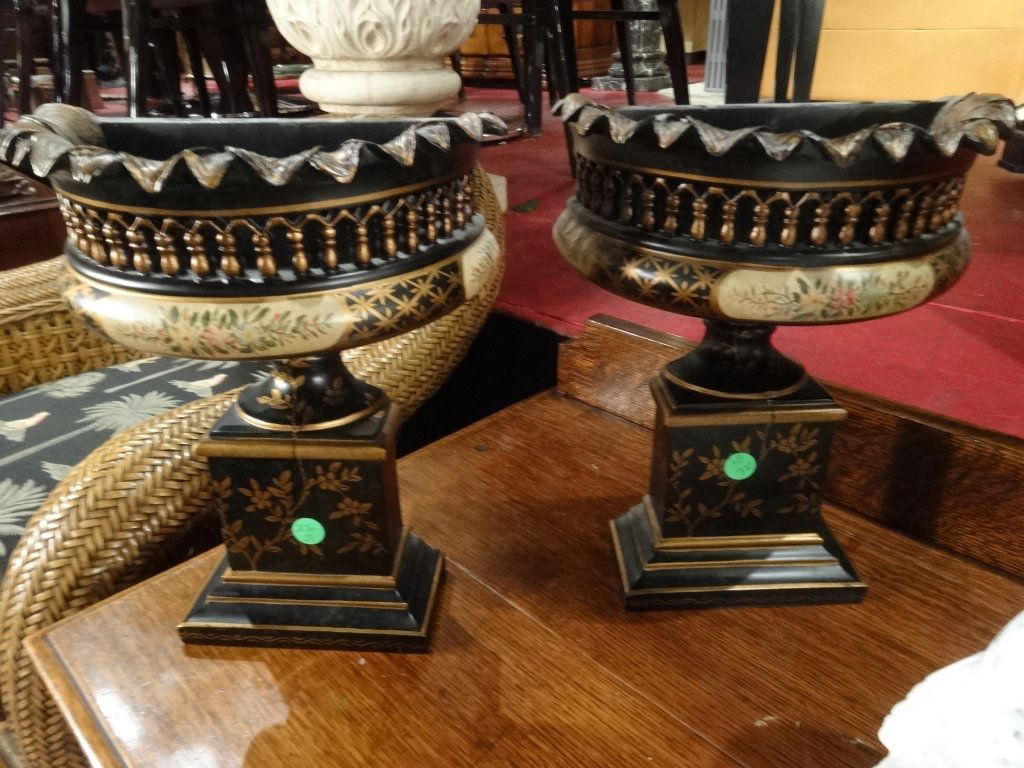 PAIR BLACK AND GOLD WALL POCKETS, PAINTED COMPOSITION, (1 of 4)