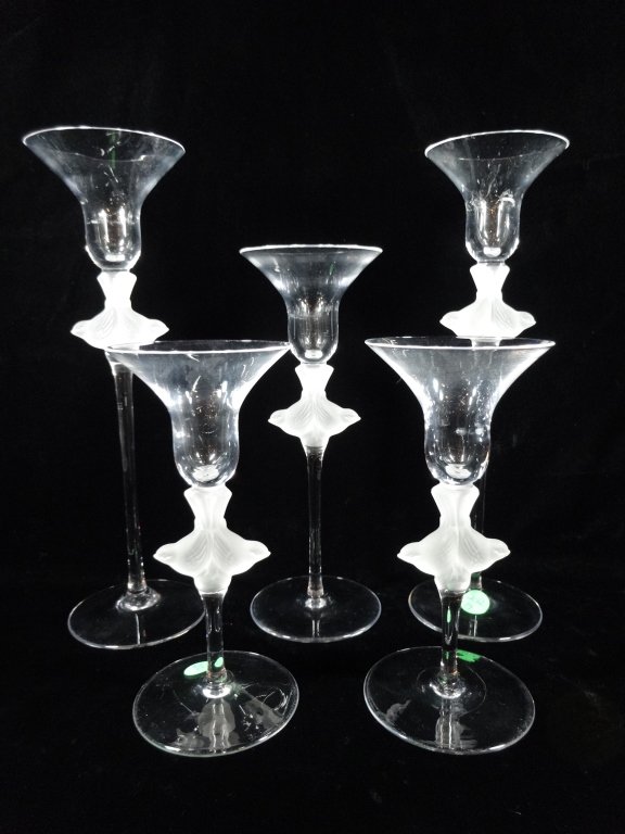 5 CRYSTAL CANDLE HOLDERS, FROSTED DOUBLE BIRD STEM, 2 (1 of 4)