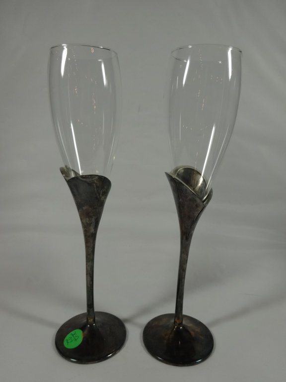 PAIR LENOX CHAMPAGNE FLUTES, SILVERPLATE BASE, APPROX (1 of 4)
