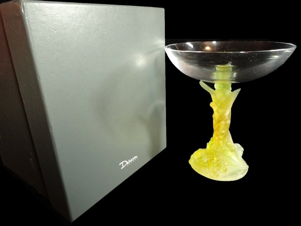 DAUM FRANCE PATE DE VERRE CRYSTAL MIMOSA PEDESTAL BOWL: DAUM FRANCE PATE DE VERRE CRYSTAL MIMOSA PEDESTAL BOWL (COUPELLE MIMOSA), WITH ORIGINAL BOX, ETCHED DAUM FRANCE MARK, EXCELLENT CONDITION, 8"H, SKU9145.55