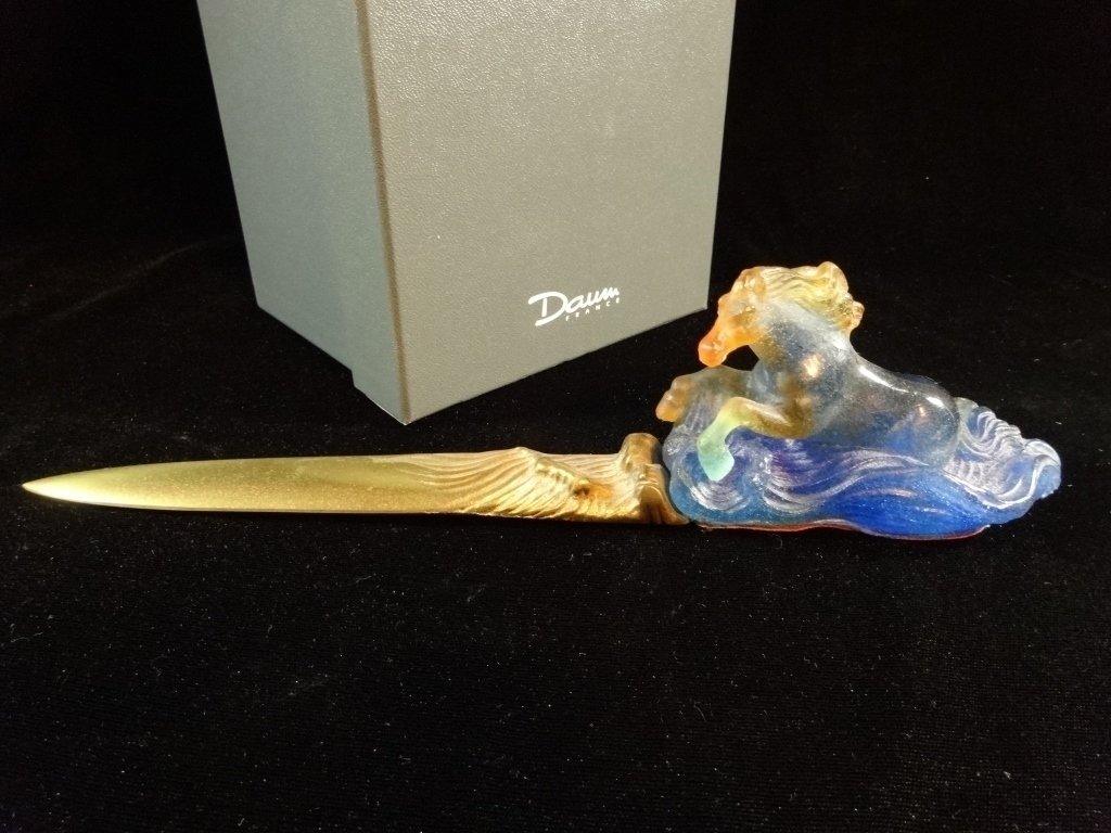 DAUM FRANCE PATE DE VERRE CRYSTAL HORSE LETTER OPENER: DAUM FRANCE PATE DE VERRE CRYSTAL HORSE LETTER OPENER (COUPE PAPIER CHEVAUX DE MARLY), BRONZE BLADE, WITH ORIGINAL BOX, ETCHED DAUM FRANCE MARK, EXCELLENT CONDITION, 11"W, SKU9145.54