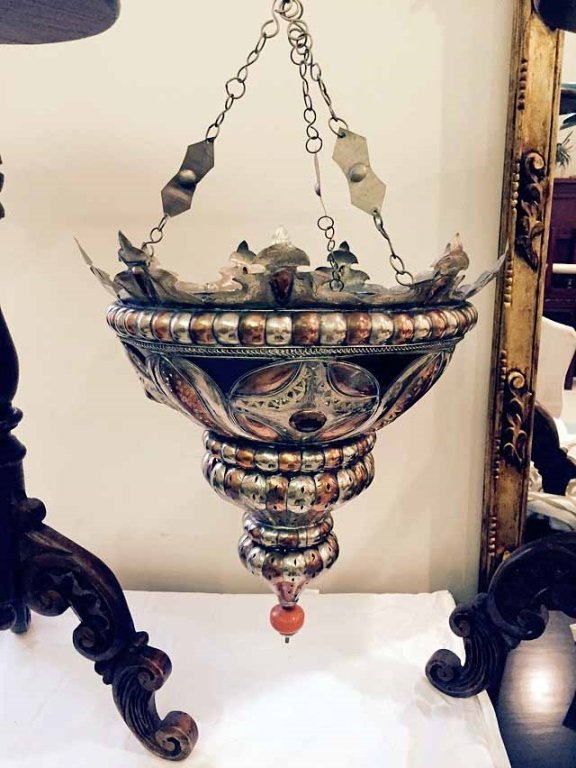 MOROCCAN COPPER & SILVER FINISH HANGING LAMP WITH: MOROCCAN COPPER & SILVER FINISH HANGING LAMP WITH COBALT GLASS, APPROX 18"H, SKU9209
