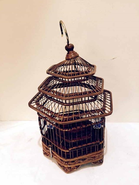 SOUTHEAST ASIAN WOOD BIRDCAGE WITH BLUE AND WHITE (1 of 3)