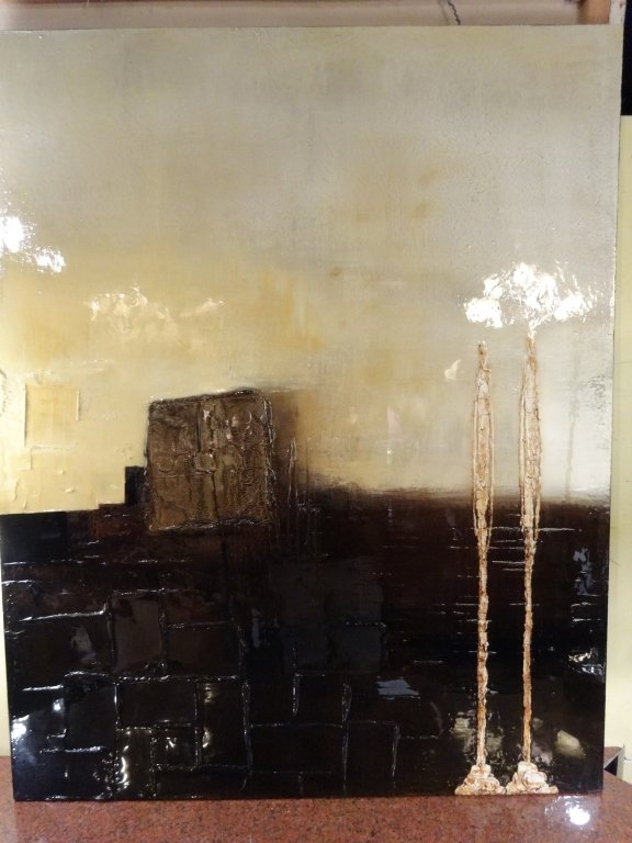F. MILO MODERNIST/ABSTRACT PAINTING ON CANVAS,: F. MILO MODERNIST/ABSTRACT PAINTING ON CANVAS, "FAMILIAR STRANGER", APPROX 5' X 4' GALLERY WRAPPED