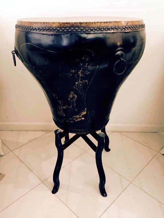 LARGE SINO-TIBETAN DRUM ON WOOD STAND, BLACK LACQUER (1 of 4)