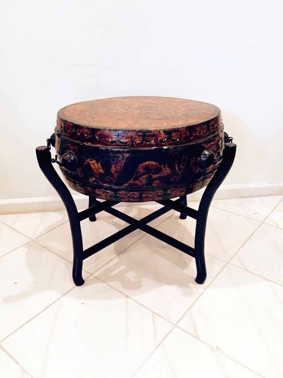 SINO-TIBETAN POLYCHROME DRUM ON WOOD STAND, APPROX (1 of 4)