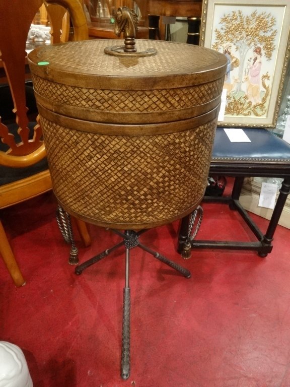 ROUND RATTAN AND METAL WINE RACK WITH LID, BRASS: ROUND RATTAN AND METAL WINE RACK WITH LID, BRASS ACCENTS AND HORSE HEAD FINIAL, APPROX 3.5'H, SKU9194.09