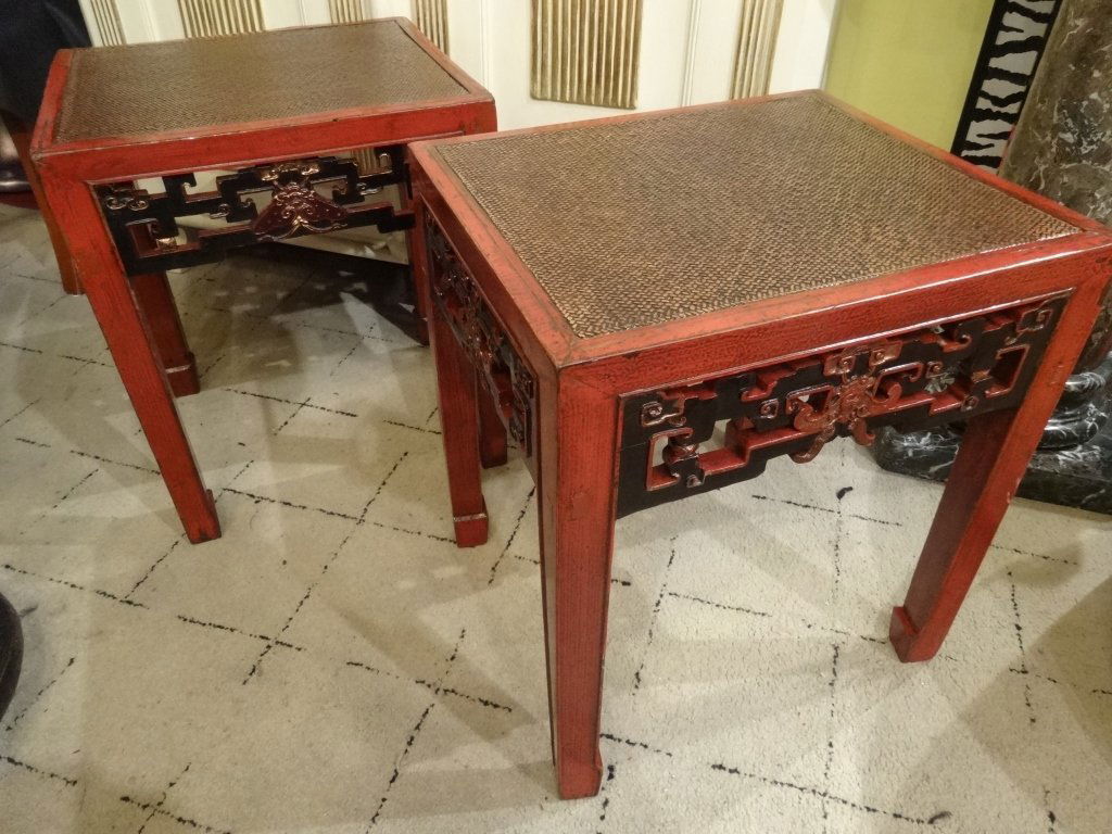 PAIR CHINESE RED LACQUER TABLES, RATTAN INSET TOPS, (1 of 5)