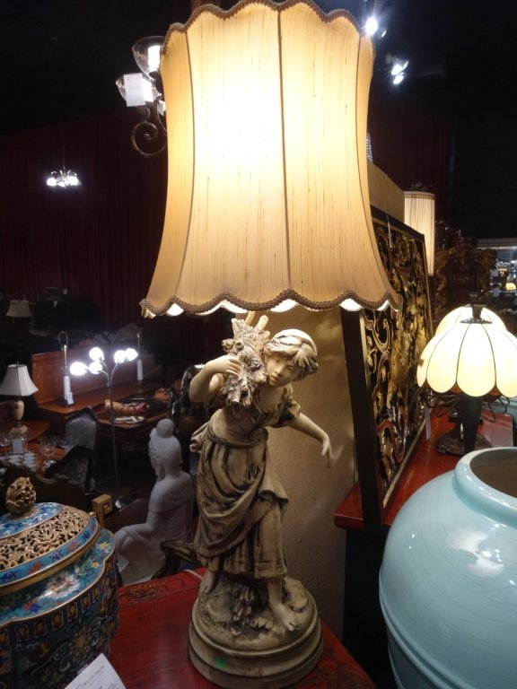 LARGE MID CENTURY FIGURAL LAMP AFTER MOREAU, ANTIQUE (1 of 5)