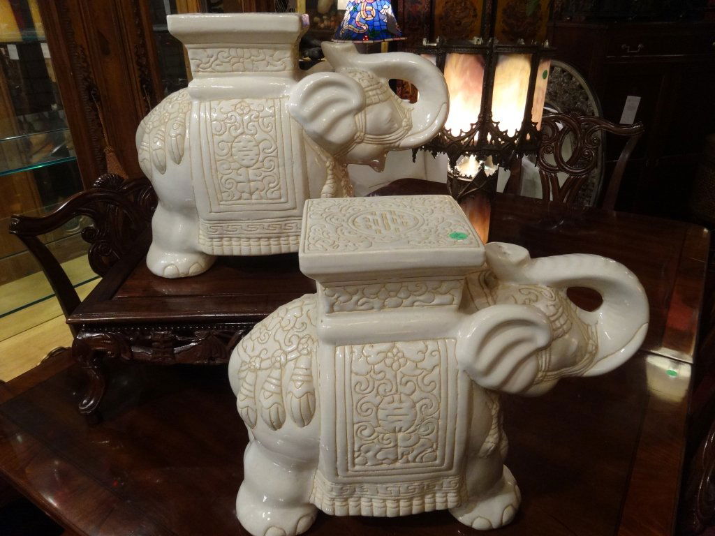 PAIR WHITE CHINESE CERAMIC ELEPHANT GARDEN STOOLS, #1 (1 of 6)