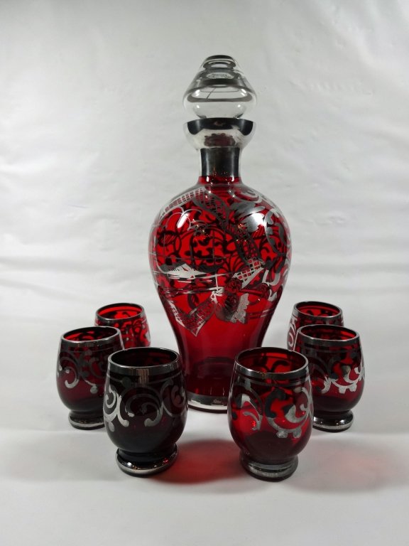 7 PC RUBY DECANTER SET WITH SILVER DESIGN, VENICE SCENE (1 of 5)