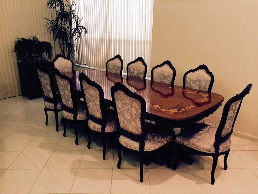 LOUIS XV STYLE MARQUETRY DINING TABLE, 10 CHAIRS WITH: LOUIS XV STYLE MARQUETRY DINING TABLE, 10 CHAIRS WITH DARK FINISH WOOD FRAMES, PALE GRAY AND WHITE UPHOLSTERY, TABLE HAS DUAL PEDESTAL BASE AND ELABORATELY INLAID WOOD FLORALS, APPROX 9'W, VERY GOOD V