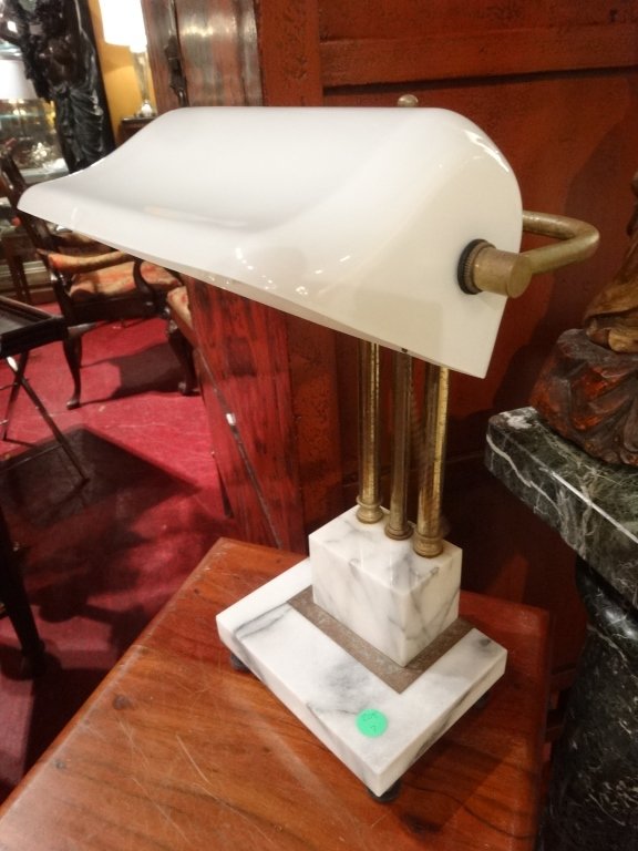 WHITE MARBLE AND BRASS DESK LAMP, BANKER SHADE IN WHITE (1 of 3)