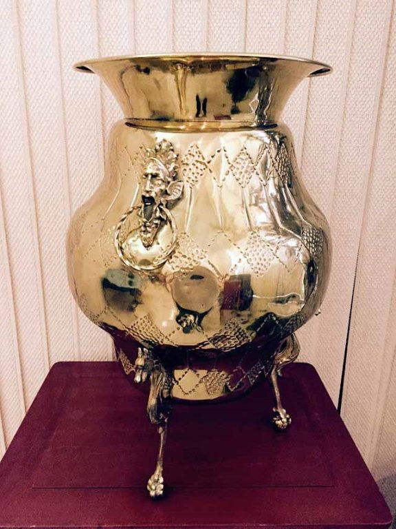 LARGE BRASS 3 LEGGED PLANTER WITH HANDLES, APPROX 26"H, (1 of 4)