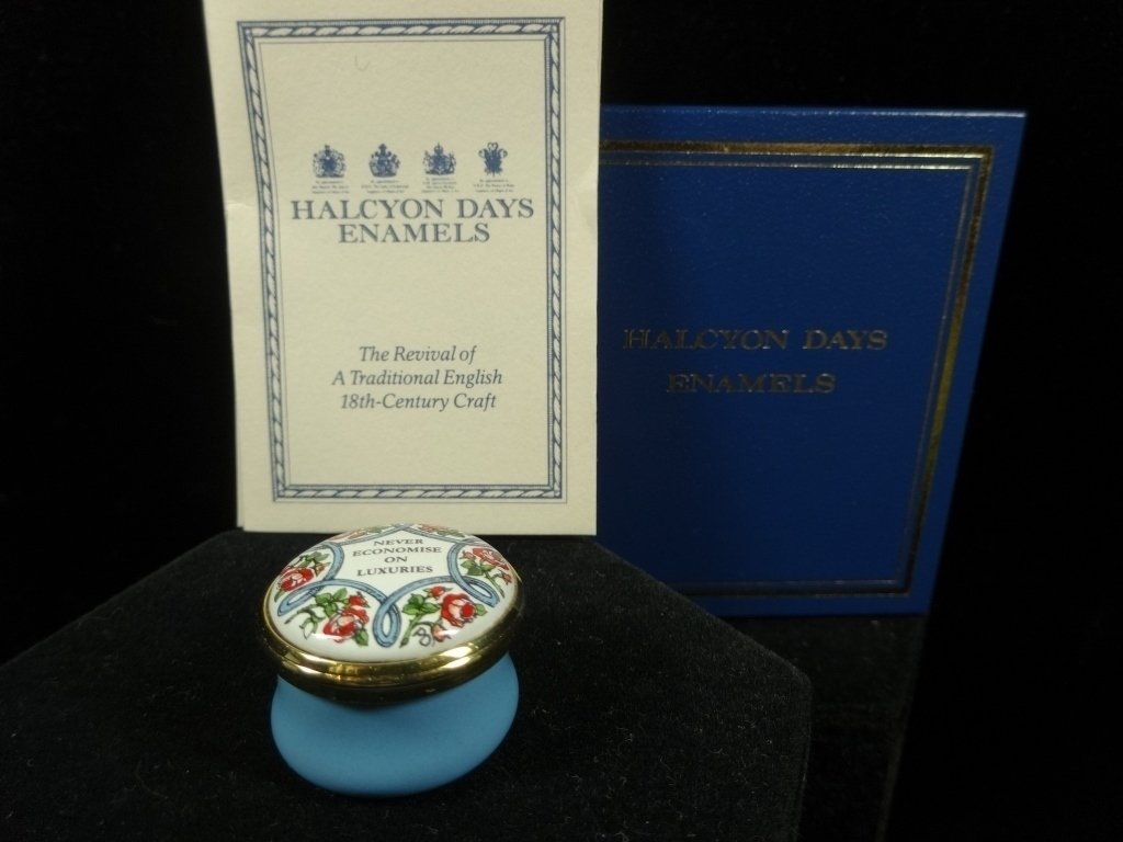 HALCYON DAYS ENAMEL BOX, "NEVER ECONOMISE ON LUXURIES", (1 of 6)