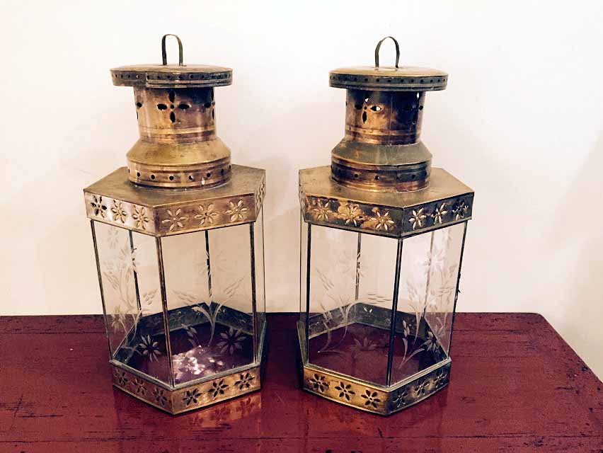 PAIR BRASS HEXAGONAL HANGING LANTERNS, APPROX 13"H, (1 of 6)
