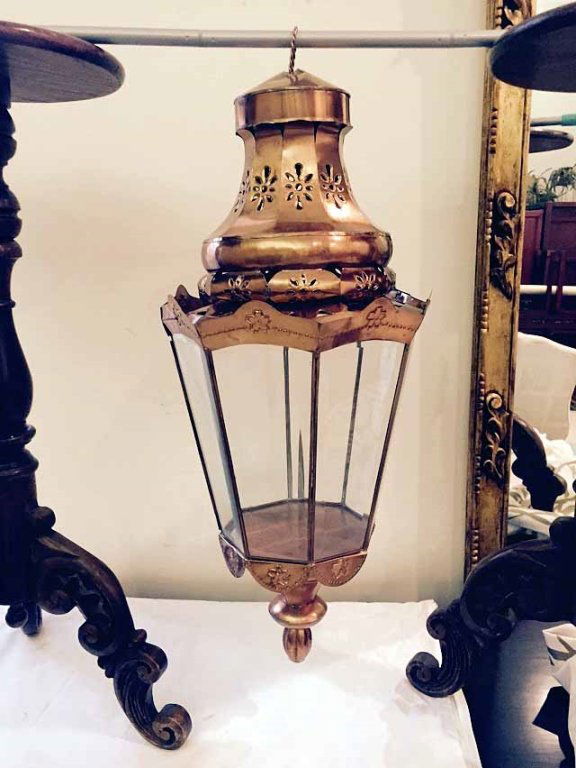 COPPER HANGING LANTERN WITH GLASS PANES, APPROX 27"H, (1 of 5)