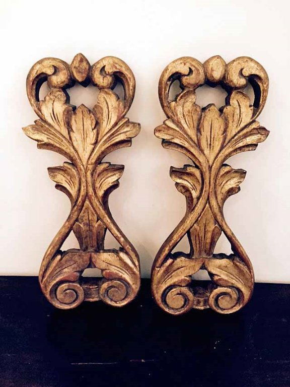 PAIR CARVED GILT WOOD ARCHITECTURAL WALL PLAQUES, GOLD (1 of 2)