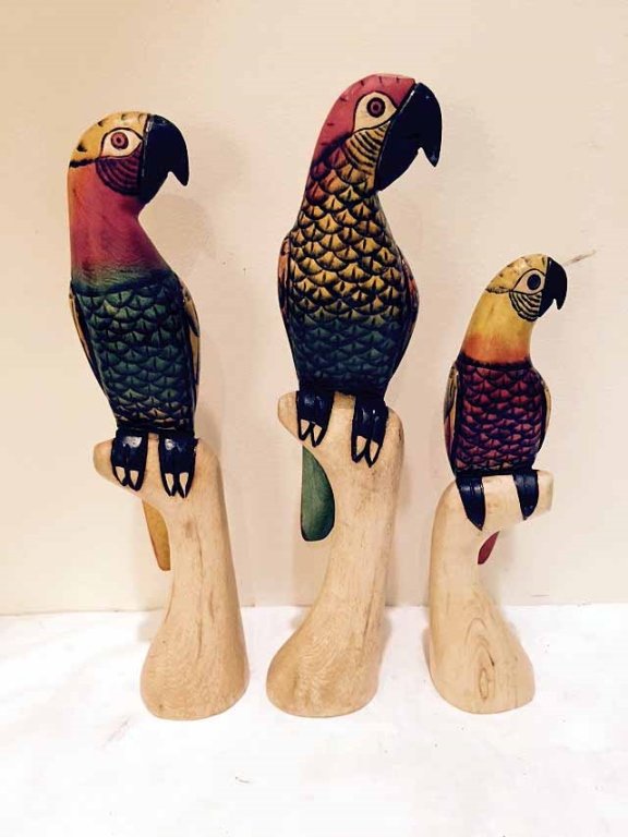 3 CARVED WOOD POLYCHROME PARROT SCULPTURES, TALLEST (1 of 4)
