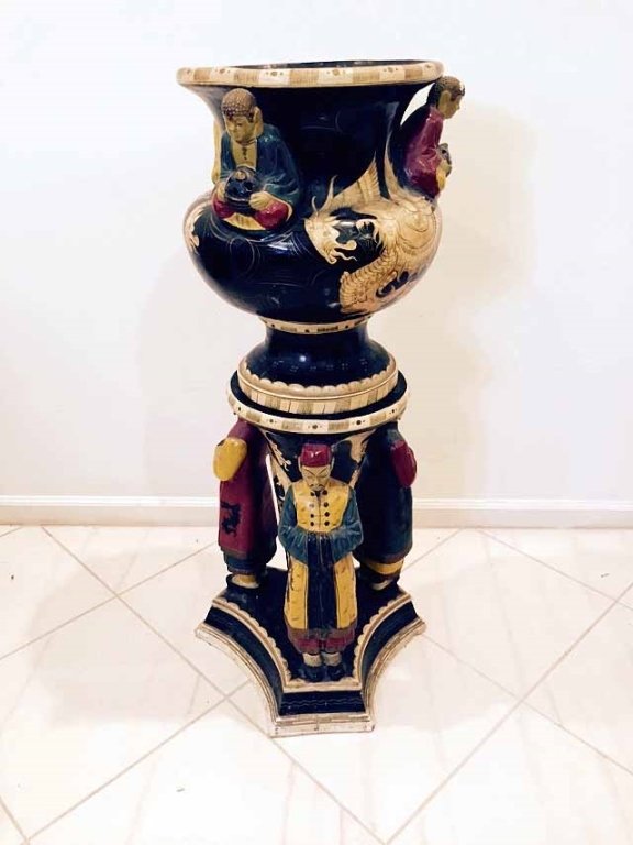 LATE 19TH C TERRACOTTA TWO PIECE POT ON PEDESTAL WITH (1 of 9)