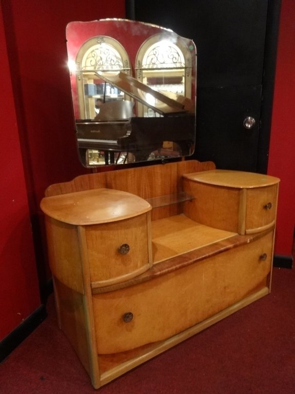 1930's BURL WOOD VANITY WITH MIRROR, 3 DRAWERS, GLASS (1 of 5)