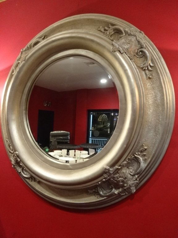 LARGE ROUND SILVER FINISH MIRROR, APPROX 4'W, EXCELLENT (1 of 7)