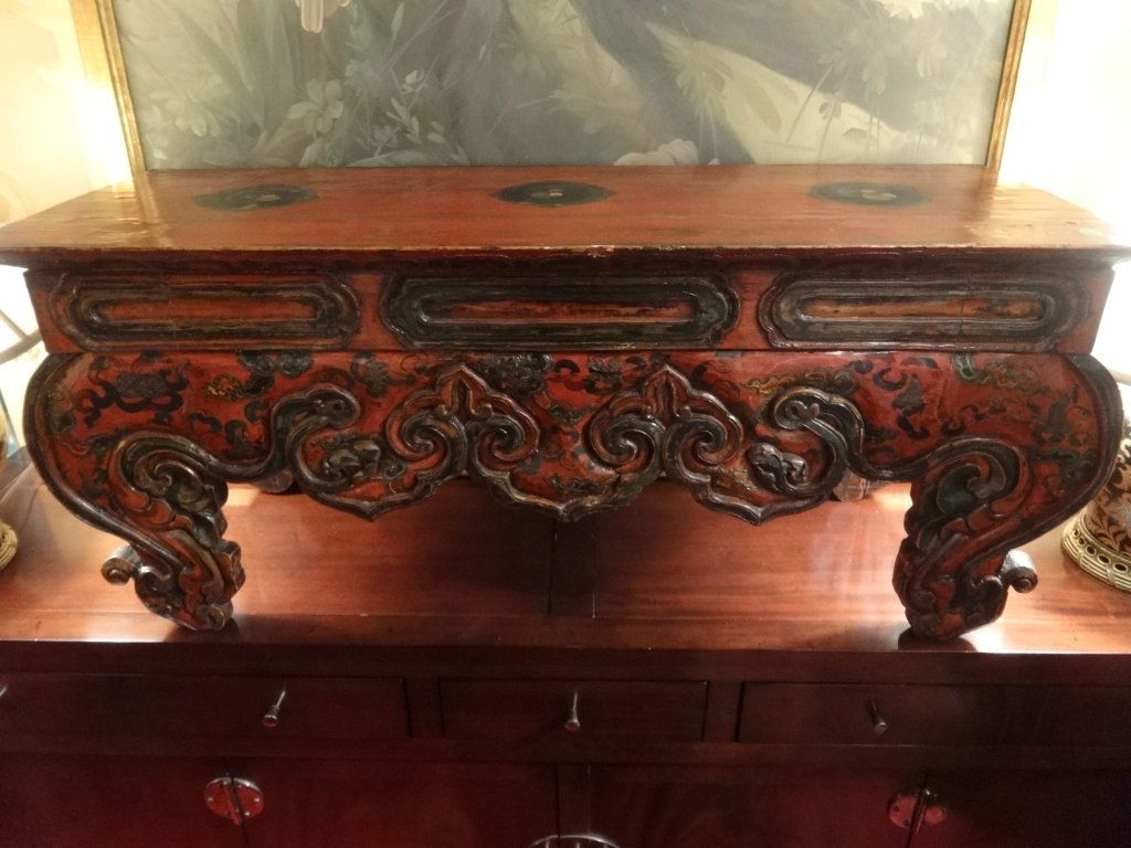 ANTIQUE TIBETAN POLYCHROME WOOD ALTAR TABLE, (1 of 8)