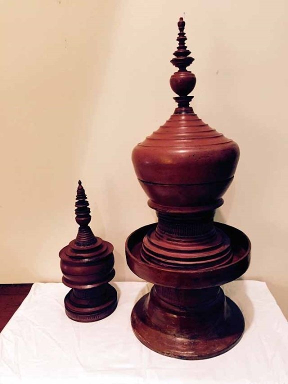 2 PC THAI RED LACQUER WARE VESSELS, SPIRES ON LIDS, (1 of 3)