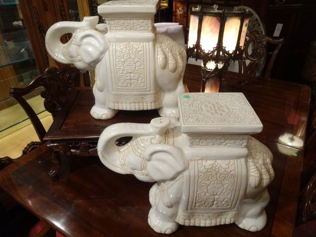 PAIR WHITE CHINESE CERAMIC ELEPHANT GARDEN STOOLS, #2 (1 of 7)
