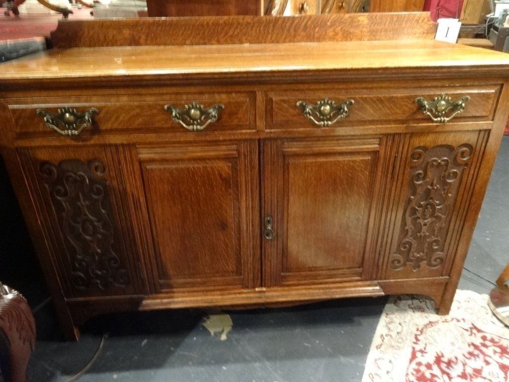 ANTIQUE CARVED WOOD SIDEBOARD, BRASS PULLS, CARVED (1 of 6)