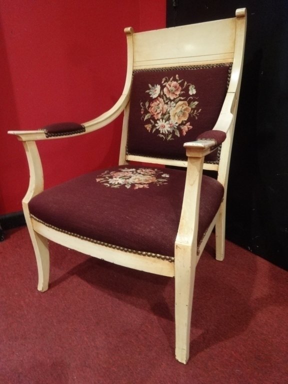 ART DECO ARMCHAIR, WHITE PAINTED WOOD FRAME,: ART DECO ARMCHAIR, WHITE PAINTED WOOD FRAME, EMBROIDERED SEAT AND BACK WITH FLORALS, EXCELLENT VINTAGE CONDITION COMMENSURATE WITH AGE AND USE SKU9158.02