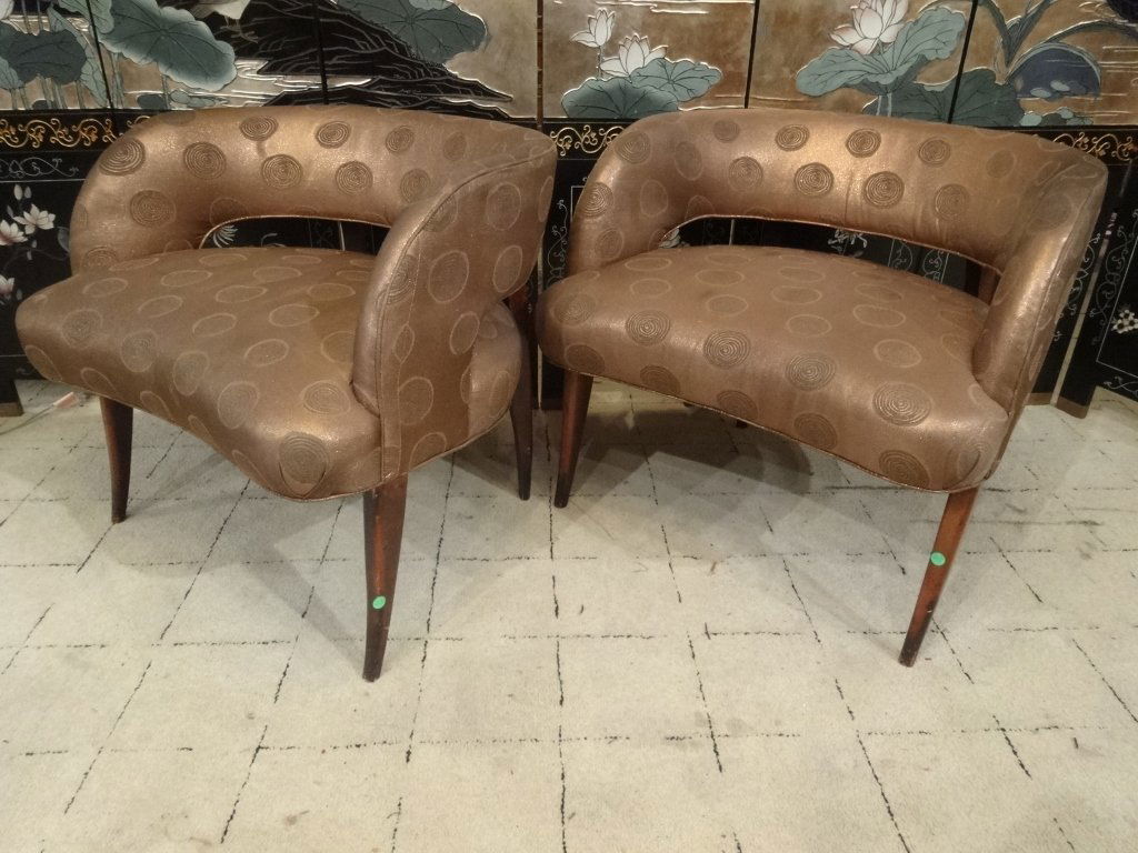 PAIR MID CENTURY MODERN ARMCHAIRS, CURVED BACKS, COPPER (1 of 7)