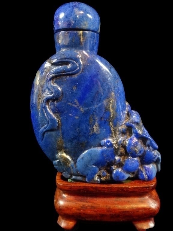 CARVED LAPIS LAZULI SNUFF BOTTLE. APPROX 2.5" TALL, (1 of 8)